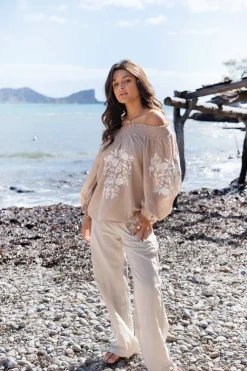 Agar Bordado Pantalon taupe clair
