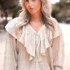 Blouse Ruffle Sparkle Ecru Gold