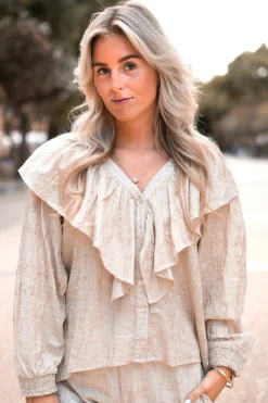 Blouse Ruffle Sparkle Ecru Gold