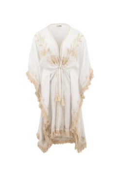 Kimono court à franges blanc/écru or