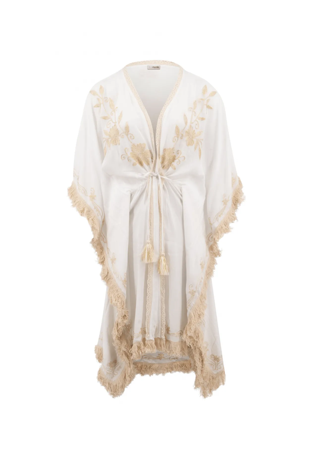 Kimono court à franges blanc/écru or
