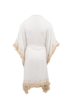 Kimono court à franges blanc/écru or