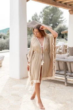 Kimono court à franges Fresco Light Taupe