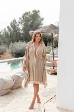 Kimono court à franges Fresco Light Taupe