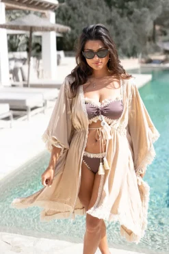 Kimono court à franges Sand/ Ecru Gold