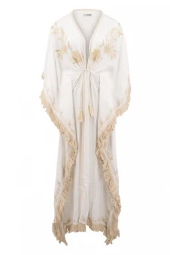 Kimono long à franges blanc/écru or
