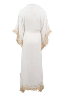 Kimono long à franges blanc/écru or