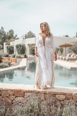 Kimono long à franges blanc/écru or