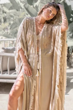 Kimono long à franges Fresco Light Taupe