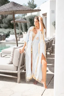 Kimono long à franges Fresco bleu pâle