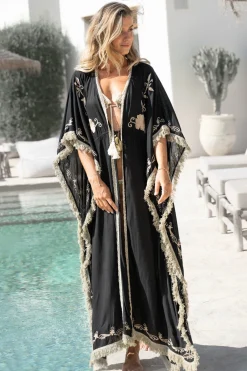 Kimono long à franges Fresco Noir