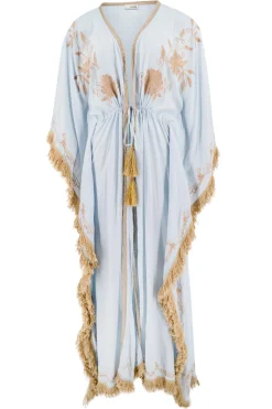 Kimono long à franges Fresco bleu pâle