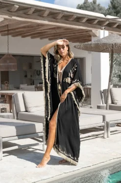 Kimono long à franges Fresco Noir