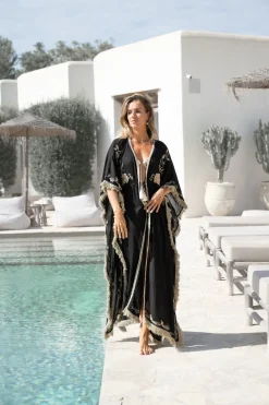 Kimono long à franges Fresco Noir