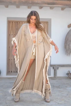 Kimono long à franges Fresco Light Taupe