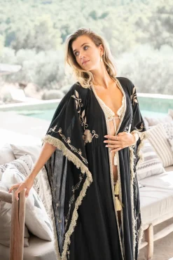 Kimono long à franges Fresco Noir