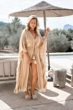 Kimono long à franges Sand/ Ecru Gold