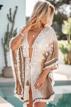 Kimono long Aine Lurex Beige/Brown