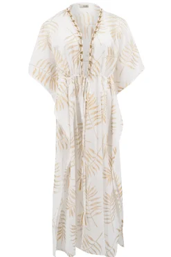 Kimono long blanc feuillu