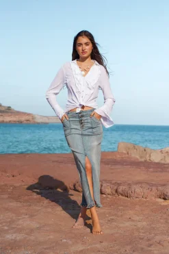 Long Denim Skirt - Ruffled