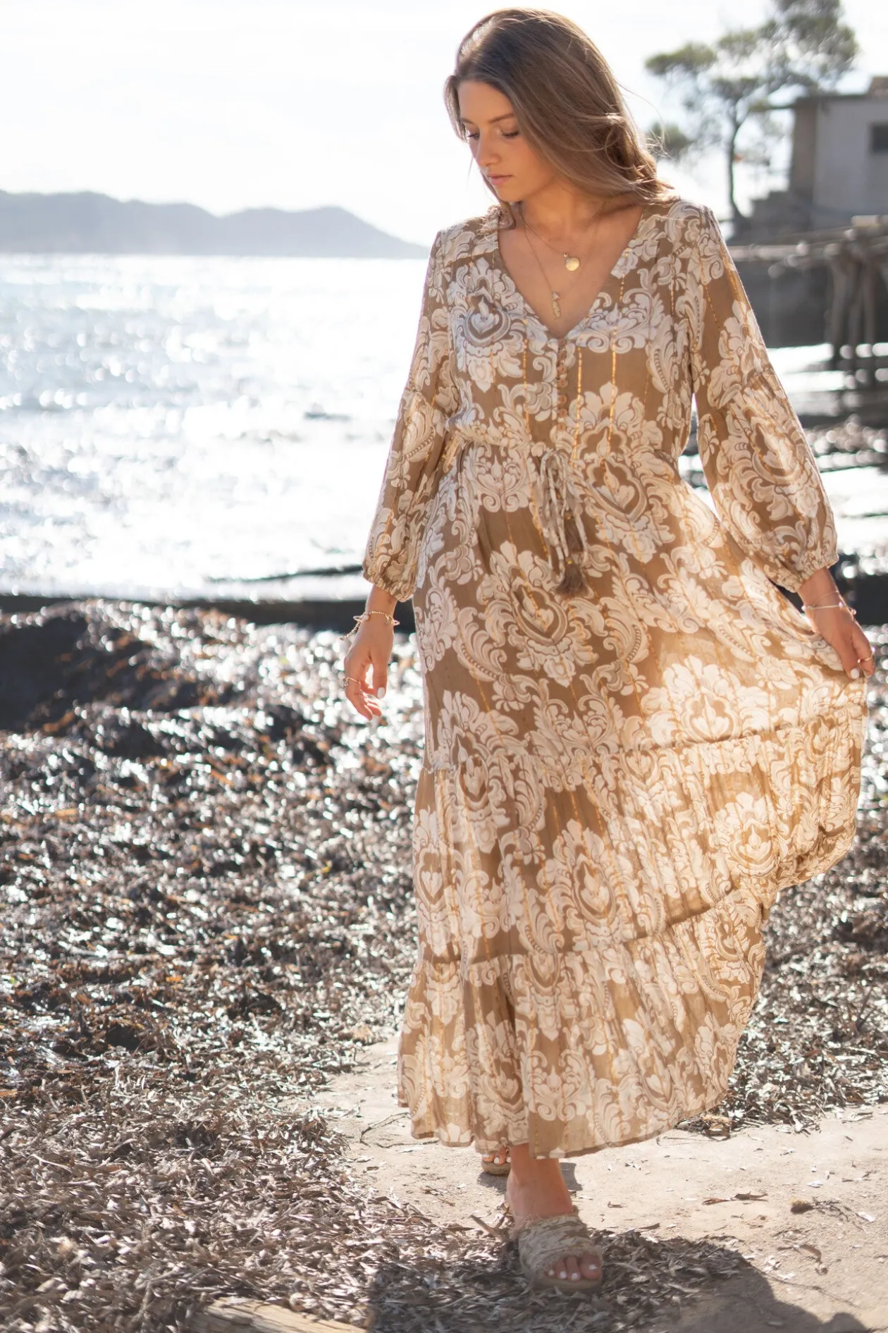 Robe Gloria Baroque Taupe imprimé