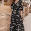 Robe longue Ida imprimé ethnique noir