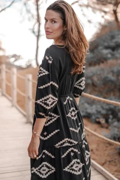 Robe longue Ida imprimé ethnique noir