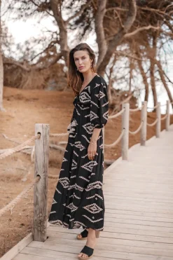 Robe longue Ida imprimé ethnique noir