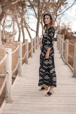 Robe longue Ida imprimé ethnique noir