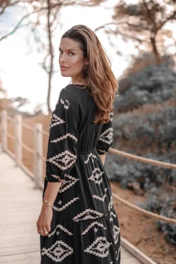 Robe longue Ida imprimé ethnique noir