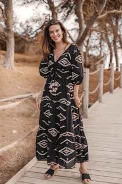 Robe longue Ida imprimé ethnique noir